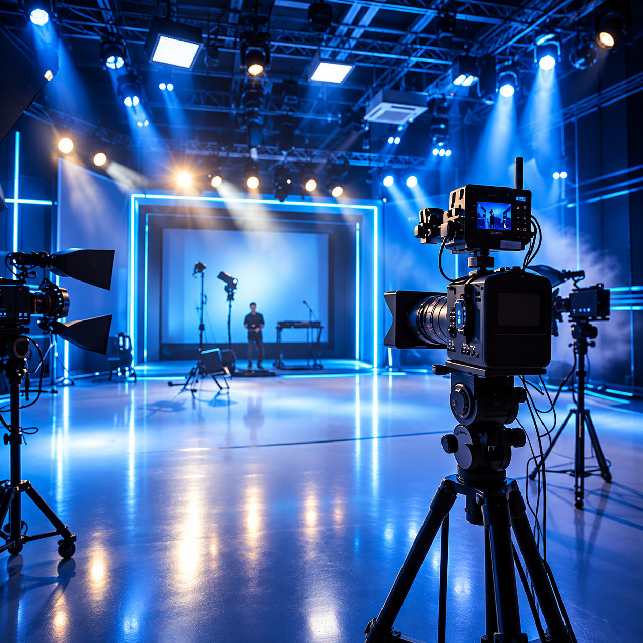 Filmstudio mit Kameras und Bühnenbeleuchtung